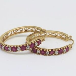 14k solid yellow gold ruby and diamond hoop earrings